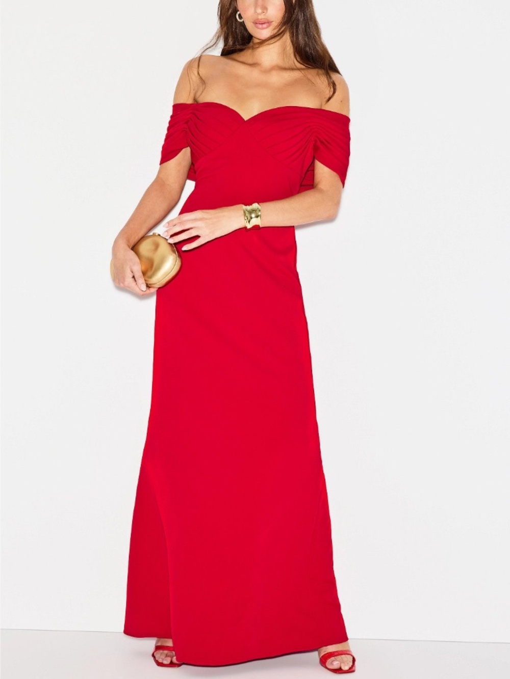 Badgley Mischka Off The Shoulder Gown With Pleats Red Maxi Dress - Size 6